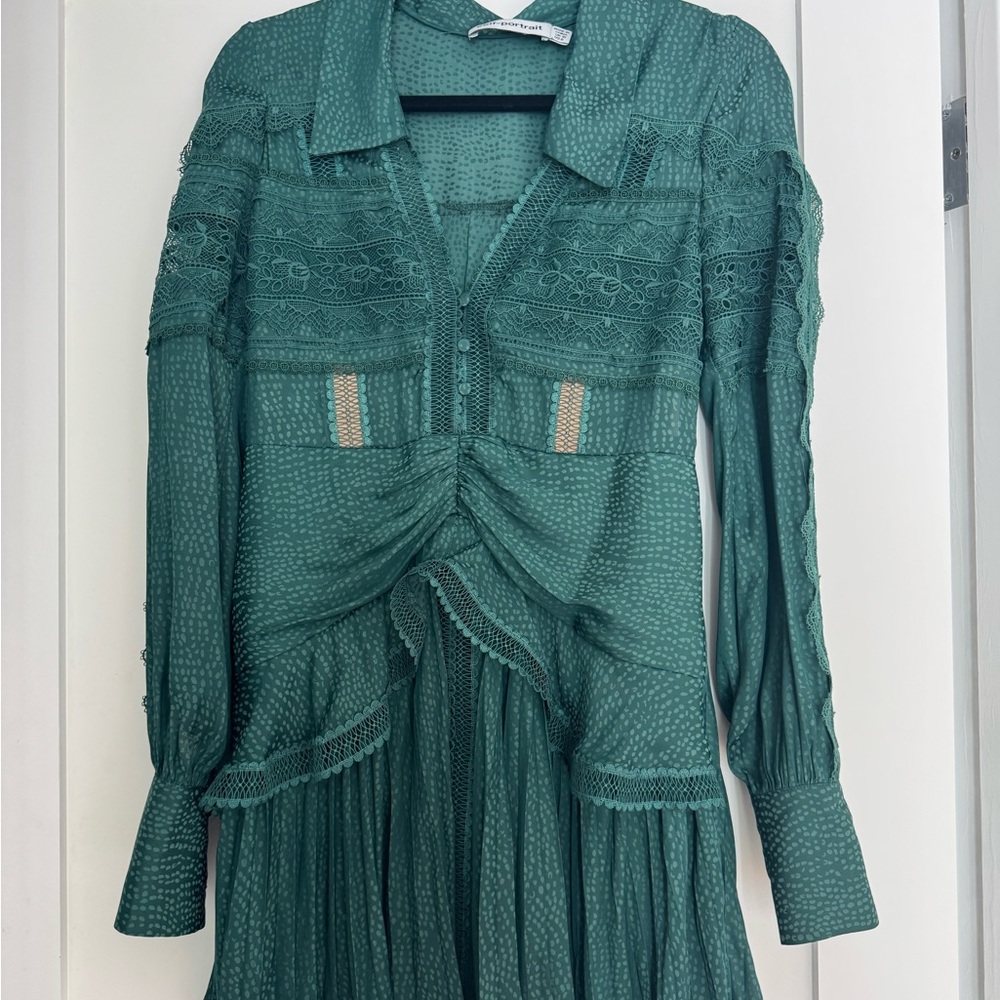 Self-Portrait Green Lace-Trim Ruched Mini Dress - Size US 6 (UK 10)